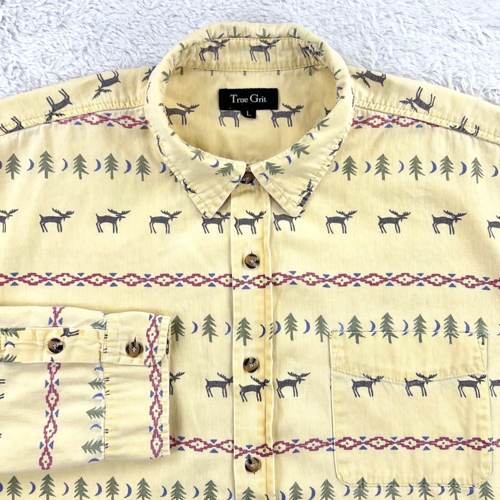 True Grit Trailblazer Twills Shirt Men's Large Yellow Classic Moose Moon USA Vtg